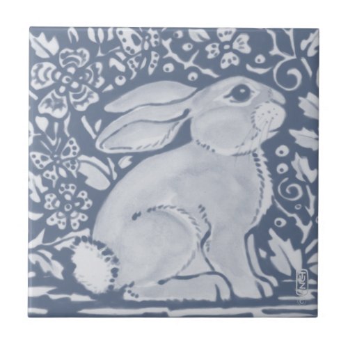 Denim Blue Plump Bunny Rabbit Floral Dedham Delft Ceramic Tile