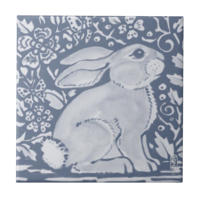 Denim Blue Plump Bunny Rabbit Floral Dedham Delft Ceramic Tile (Front)