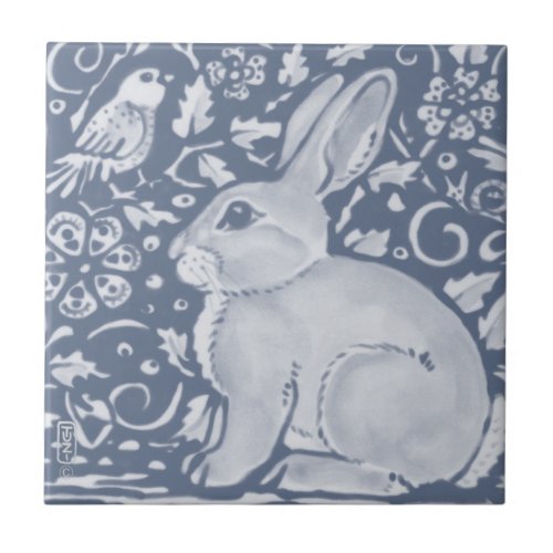 Denim Blue Rabbit Bird Floral Dedham Delft Ceramic Tile