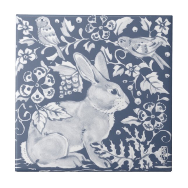 Denim Blue Rabbit Bunny Birds Floral Dedham Delft Ceramic Tile (Front)