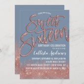 Denim Blue Rose Gold Glitter Typography Sweet 16 Invitation (Front/Back)