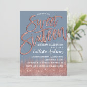Denim Blue Rose Gold Glitter Typography Sweet 16 Invitation (Standing Front)