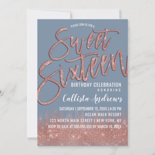 Denim Blue Rose Gold Glitter Typography Sweet 16 Invitation