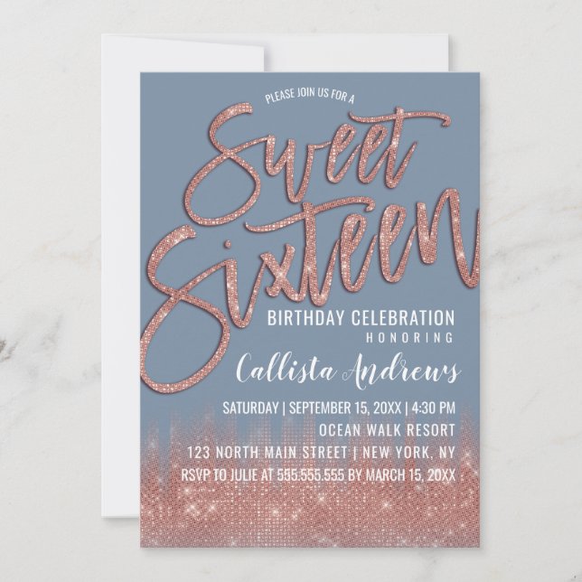 Denim Blue Rose Gold Glitter Typography Sweet 16 Invitation (Front)
