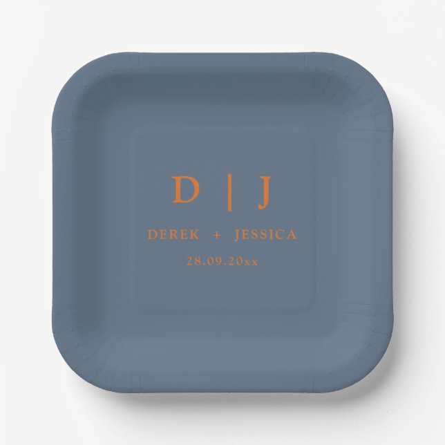 Denim Blue & Russet Orange Fall Autumn  Wedding  Paper Plates (Front)