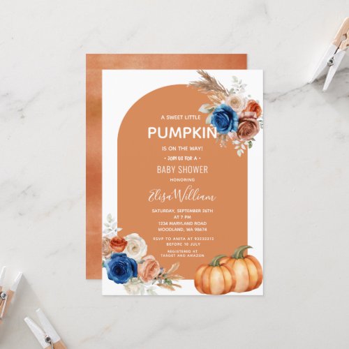 Denim Blue Rust Orange Pumpkin Floral Baby Shower  Invitation