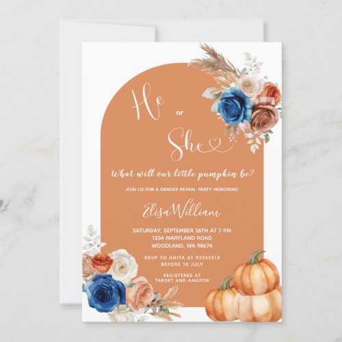 Denim Blue Rust Orange Pumpkin Gender Reveal  Invitation