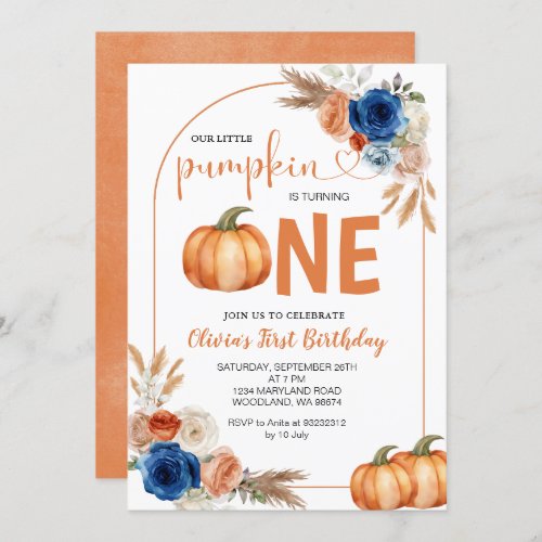 Denim Blue Rustic Pumpkin 1st Birthday Invitation