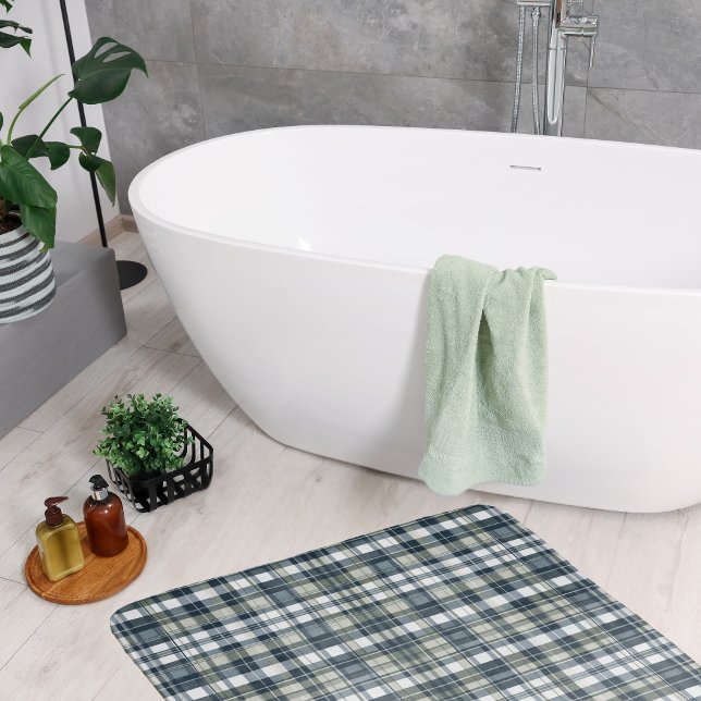 Denim Blue Sage Green White Plaid Bath Mat (Creator Uploaded)