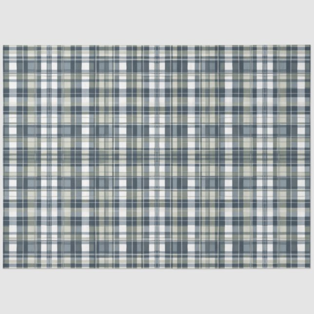 Denim Blue Sage Green White Plaid Decoupage Tissue Paper (Front)