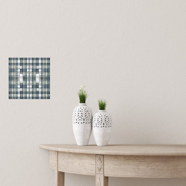 Denim Blue Sage Green White Plaid Double Toggle Light Switch Cover (Creator Uploaded)