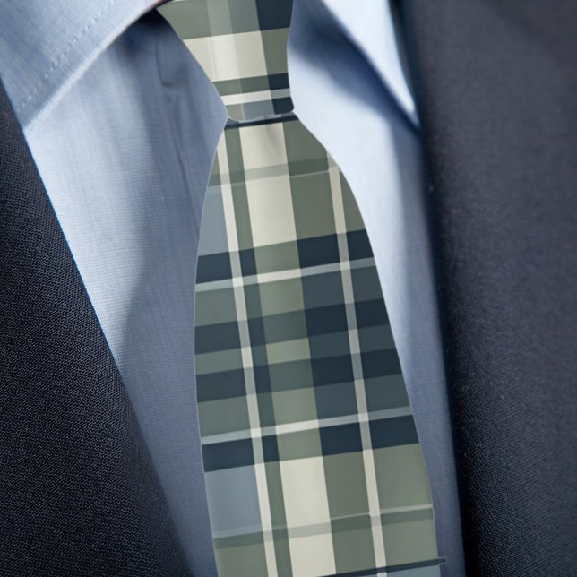 Denim Blue Sage Green White Plaid Neck Tie (Creator Uploaded)