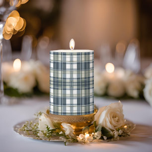 Denim Blue Sage Green White Plaid Short Pillar Candle