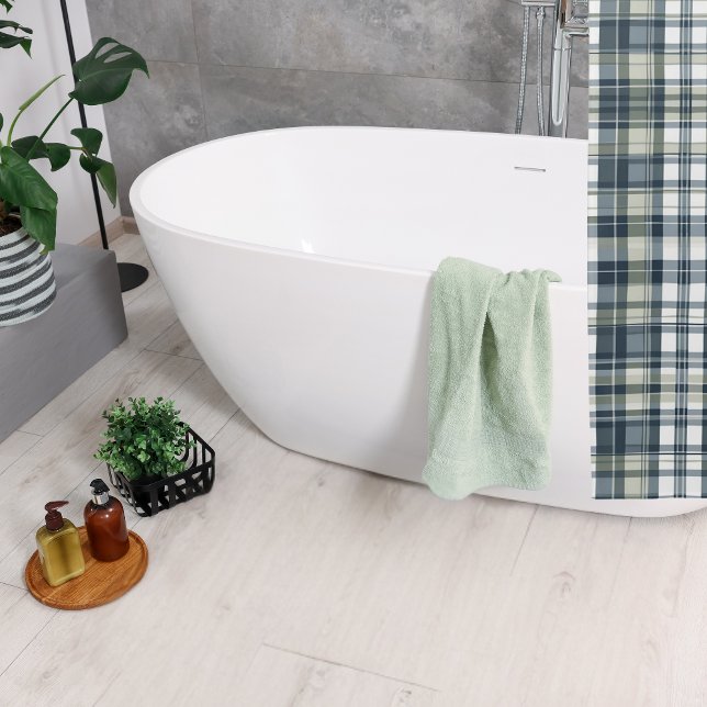 Denim Blue Sage Green White Plaid Shower Curtain (Creator Uploaded)