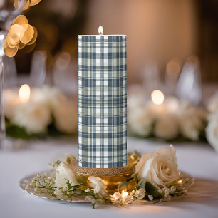 Denim Blue Sage Green White Plaid Tall Pillar Candle
