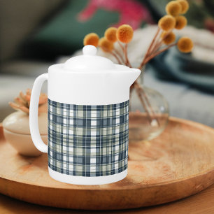 Denim Blue Sage Green White Plaid Teapot
