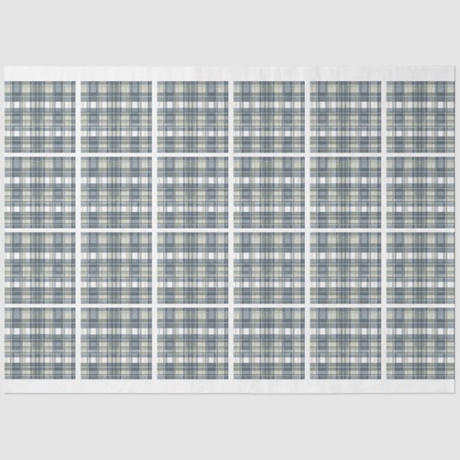 Denim Blue Sage Green White Plaid Tiled Decoupage Tissue Paper (Front)