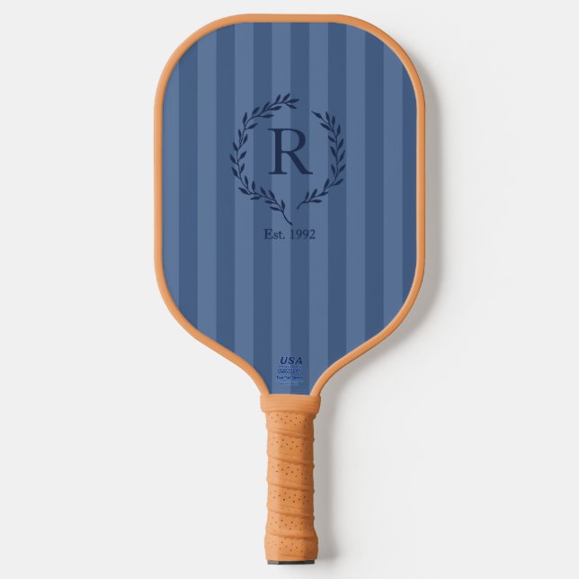 Denim Blue Stripes Monogram Est. Year Preppy Pickleball Paddle (Front)
