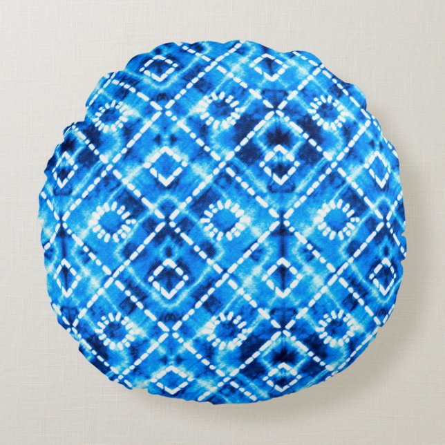 Denim blue tie die texture repeat modern pattern round pillow (Front)