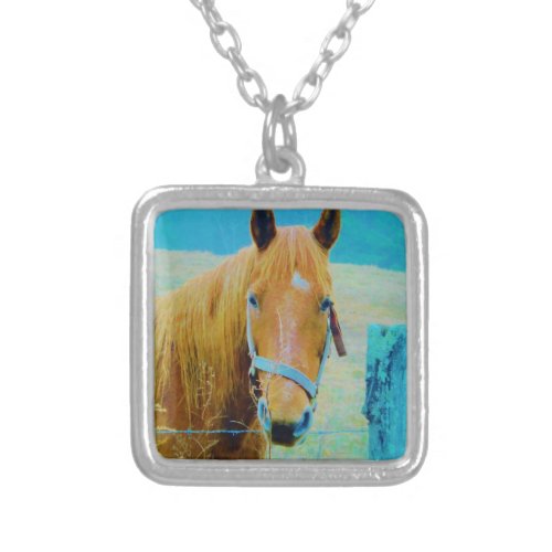 Denim blue tinted Horse Silver Plated Necklace