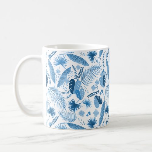 Denim Blue Tropical Leaves Pattern Coffee Mug