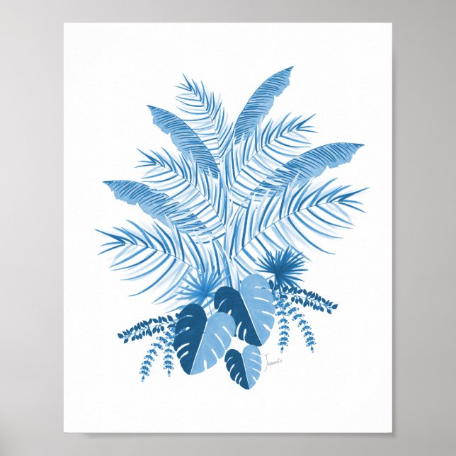 Denim Blue Tropical Leaves Poster (Front)