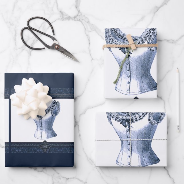 Denim Blue Vintage Bustier Wrapping Paper Sheets (Front)