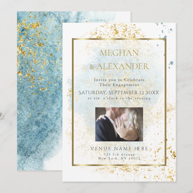 Denim Blue Watercolor Engagement Photo Frame Invitation (Front/Back)