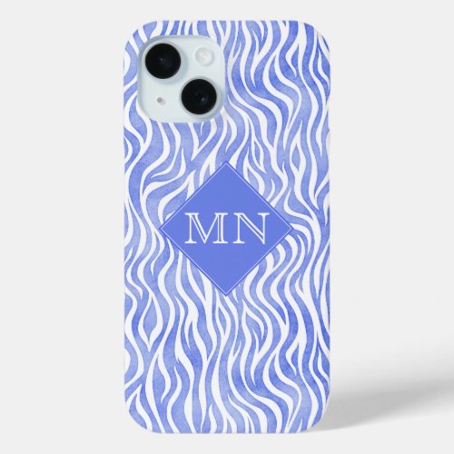 Denim Blue Watercolor Zebra Pattern  Monogram iPhone 15 Case