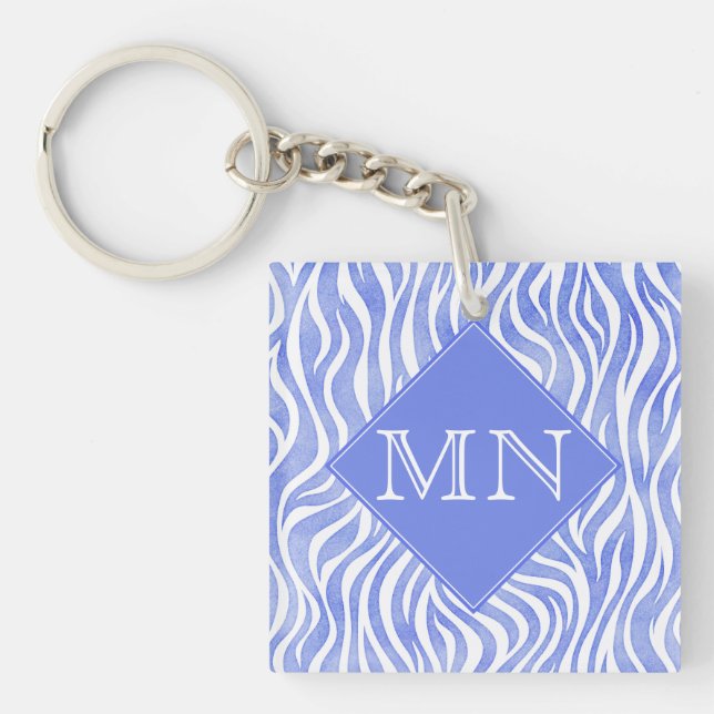 Denim Blue Watercolor Zebra Print | Monogram Keychain (Front)