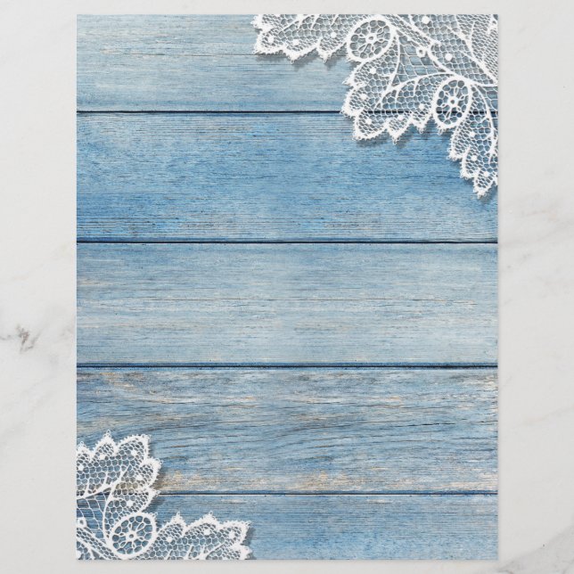 Denim Blue Wood Grain & White Lace Scrapbook Paper (Front)