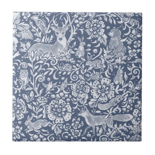 Denim Blue Woodland Animal Forest Deer Rabbit Ceramic Tile