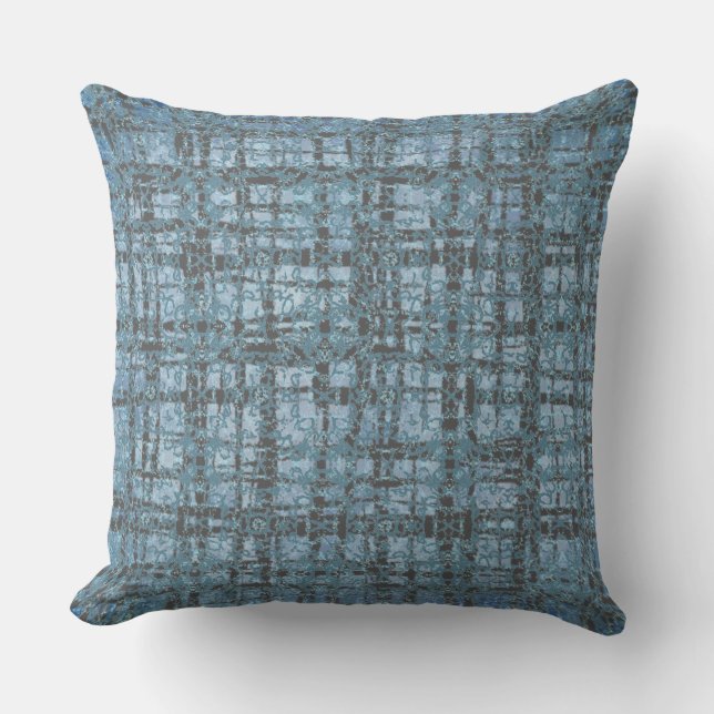 Denim Blue X's and O's Pattern Grey Check Outdoor Pillow (Front)