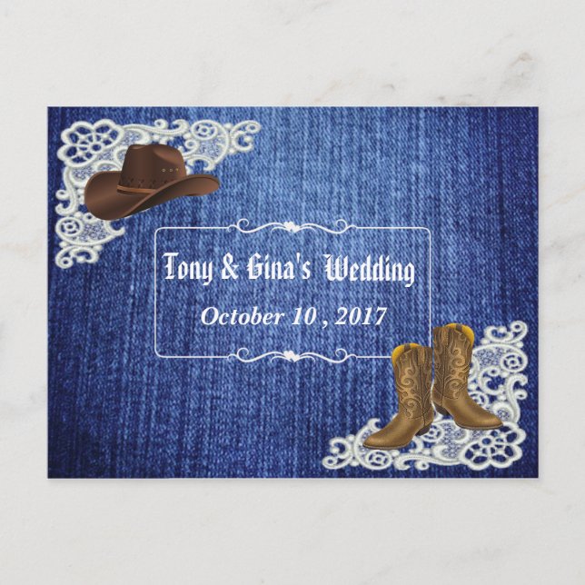 Denim Boots & Lace Wedding RSVP Invitation Postcard (Front)