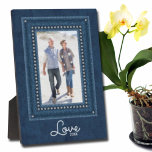 Denim Border Built-In Easel Tabletop Plaque<br><div class="desc">A faux crystal studded blue jean frame on a deep denim background with any wording in chic lettering highlights your favorite photo. CHANGE wording,  fonts and font color,  too! Great as a gift or to display your favorite photo in your own home. **HORIZONTAL template available in our store.</div>
