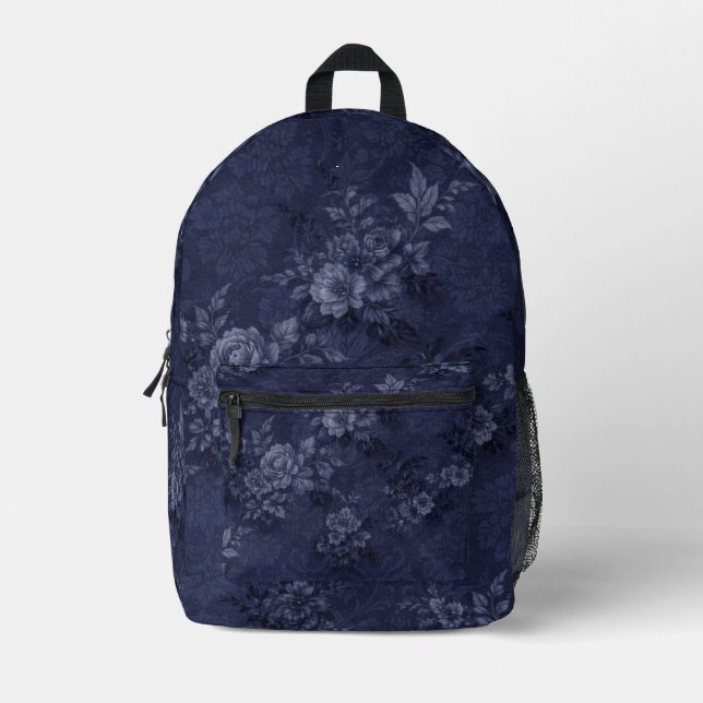 Denim Color Navy Blue Floral Backpack (Front)