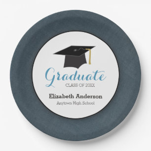 Denim Colored and Hat Personalized Graduation Paper Plates
