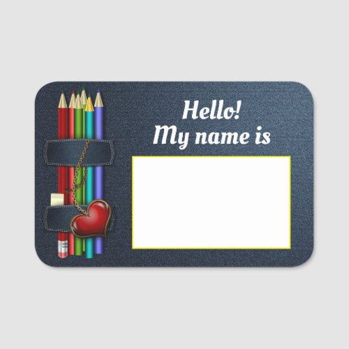 Denim Colored Pencils and Red Heart Teachers Name Tag