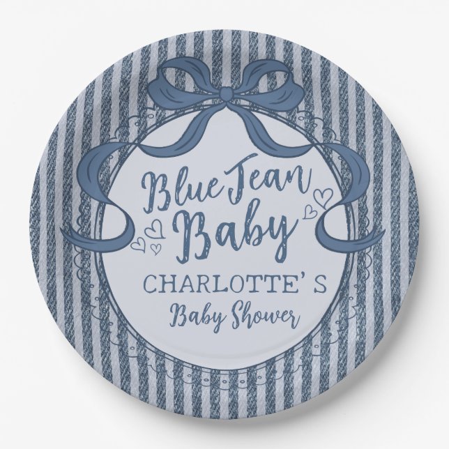 Denim Coquette Bow Blue Jean Baby Shower Paper Plates (Front)