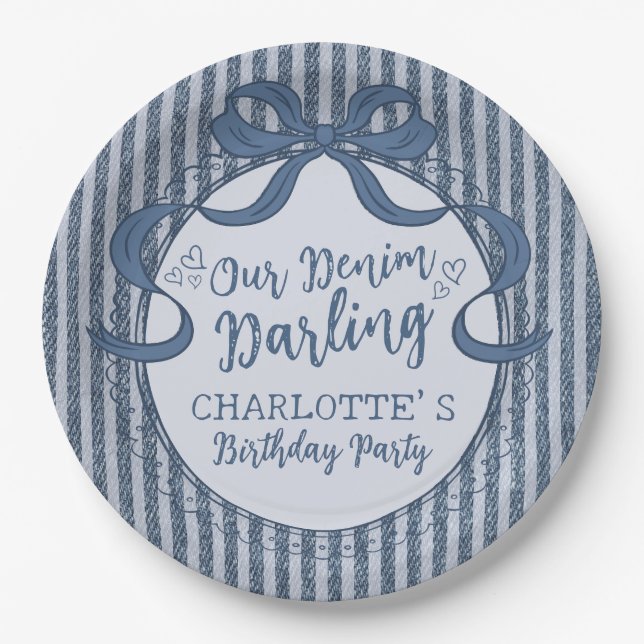 Denim Coquette Bow Blue Jean Birthday Party Paper Plates (Front)