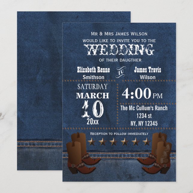 Denim Cowboy boots Stars Western wedding invite (Front/Back)