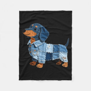 Denim Dachshund Dog Patchwork Puppy Vintage Art Fleece Blanket