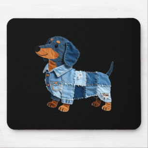 Denim Dachshund Dog Patchwork Puppy Vintage Art  Mouse Pad