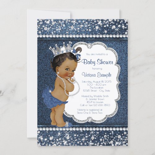 Denim Diamond African American Girl Baby Shower Invitation