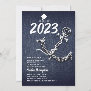 Denim Diamond Anchor Beach Blue Graduation Party Invitation