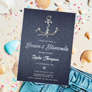 Denim Diamond Bling Anchor Nautical Birthday Party Invitation