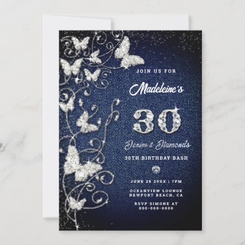 Denim Diamond Bling Vines Butterfly Birthday Party Invitation