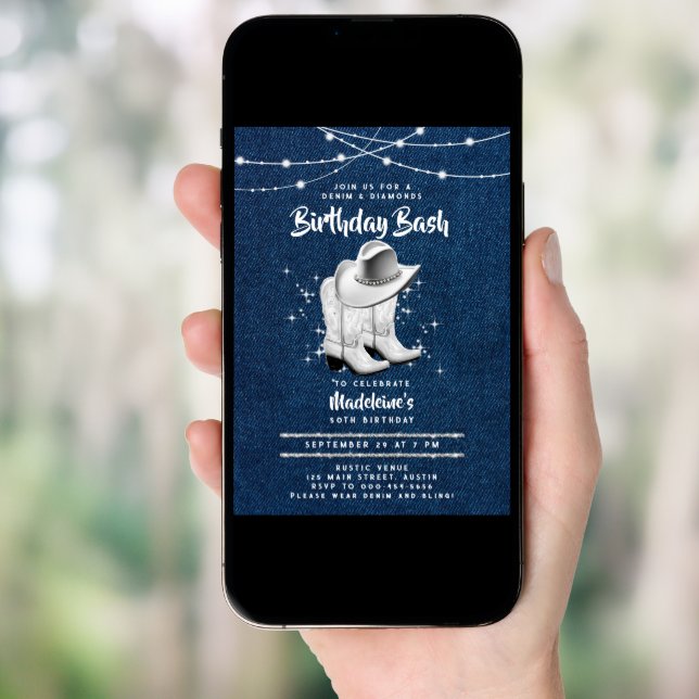 Denim Diamond Cowgirl Hat Boots Chic 50th Birthday Invitation (Front Digital)