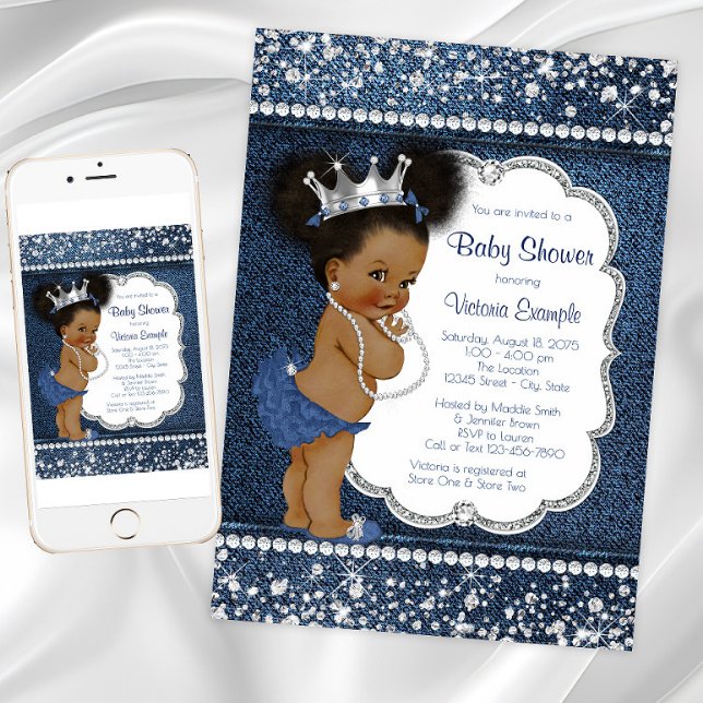 Denim Diamond Girls African American Baby Shower Invitation