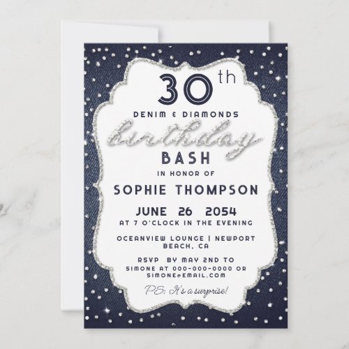 Denim Diamond Glitter Any Age Frame Birthday Party Invitation